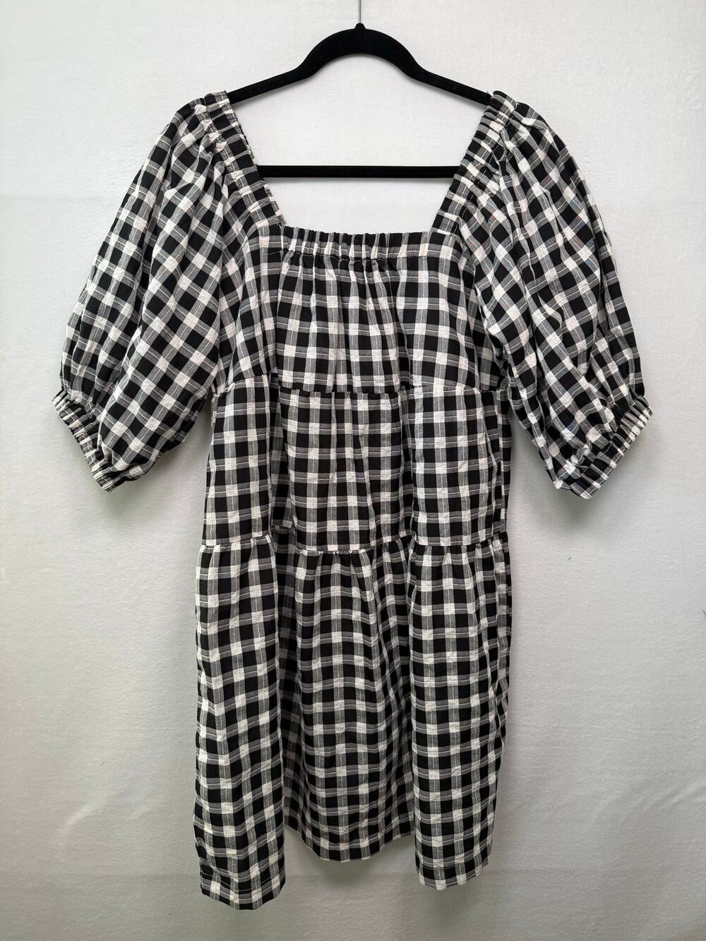 Aaron & Amber Black/White Gingham Puff Sleeve Square Neck Tiered Dress, Size L